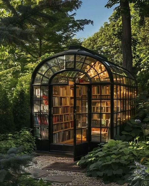 Green House Library, Enclosed Garden Structures, Greenhouse Library, Garden Library, Cozy Houses, Home Greenhouse, Barn Renovation, Underground Homes, Library Aesthetic