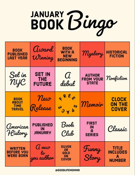 Book Bingo for January Good Life 2025 Reading Bingo, January Book Bingo, January Book Challenge, Book Bingo Ideas, Book Bingo Bullet Journal, January Reading Challenge, January Bingo, Library Bingo, Reading Bingo Challenge