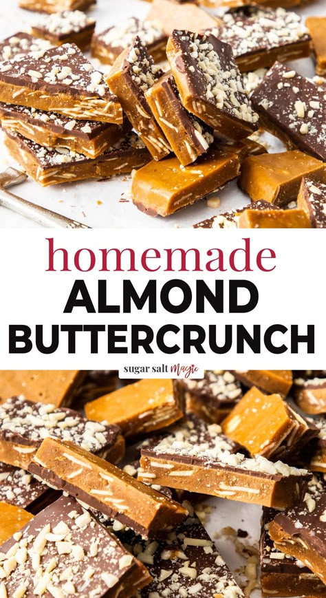 This Homemade Almond Roca recipe is just 6 ingredients cooked and combined to make a crunchy toffee filled with almonds and topped with chocolate. Also known as buttercrunch toffee or almond buttercrunch, this candy is easy to make and a great edible gift. Learn how to make this crunchy, crumbly, buttery and sweet treat for yourself or for holiday gift giving with all the tips and tricks you need for candy making. Homemade Almond Roca Recipe, Almond Roca Recipe, Roca Recipe, Buttercrunch Toffee, Almond Roca, Butter Crunch, Cheesecake Oreo, Almond Toffee, Almond Crunch