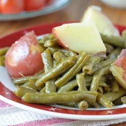 Country Style Green Beans with Red Potatoes - Allrecipes.com Country Style Green Beans, Green Beans And Red Potatoes, Shoepeg Corn Casserole, Red Potato Recipe, Canned Green Bean Recipes, Green Beans Potatoes, Canned Green Beans, Easy Potluck Recipes, Red Potato Recipes