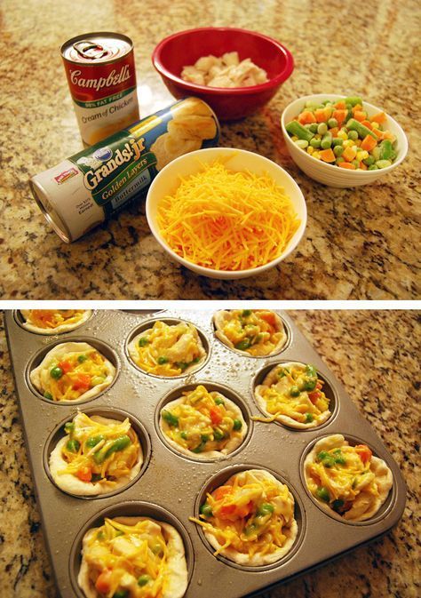 Pot Pie Cupcakes, Chicken Pot Pie Cupcakes, Field Meals, Frozen Biscuits, Mini Chicken Pot Pies, Pie Cupcakes, Tin Recipes, Morning Brunch, Easy Chicken Pot Pie