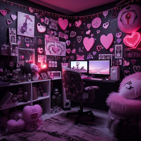 Kawaii Goth Furniture, Black And Pink Goth Room, Pink Y2k Room Decor, Room Inspo Pink And Black, Pink Black Room Aesthetic, Draculaura Room Aesthetic, Girly Goth Bedroom, Goth Y2k Room, Pastel Goth Room Aesthetic