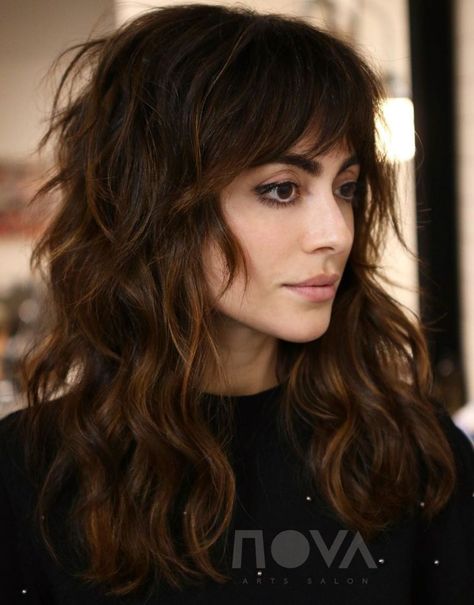 Long Brunette Shag With Bangs Long Shag Hairstyles, Long Shag Haircut, Hair Eraser, Long Shag, Drawing Hair, Hair Quiz, Cute Haircuts, Hair Volume, Barbie Hair