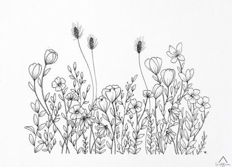 Wild Flowers Sketch, Wildflowers Line Art, Bed Of Flowers Tattoo, Wildflower Field Tattoo, Row Of Flowers Tattoo, Field Of Flowers Tattoo, Meadow Tattoo, Wildflower Line Drawing, Wild Flower Drawing