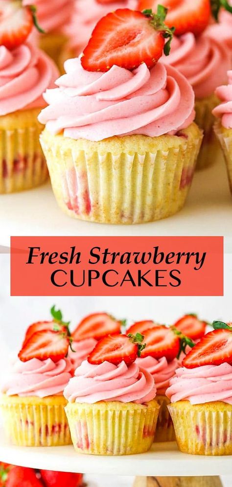 Fresh Strawberry Cupcakes, Strawberry Cupcake Recipes, Delicious Cupcakes Recipes, Fresh Strawberry Recipes, Spring Cupcakes, Strawberry Cupcake, Strawberry Buttercream, Cupcake Recipe, Strawberry Cupcakes