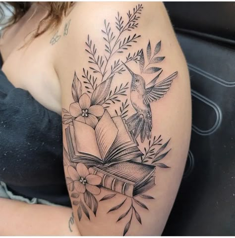 Fem Tattoo Sleeve, Women’s 3/4 Sleeve Tattoo, Floral Book Sleeve Tattoo, Tattoos About Survival, Bookish Sleeve Tattoo, Book Shoulder Tattoo, Book And Flowers Tattoo, Vintage Book Tattoo, Books And Birds Tattoo