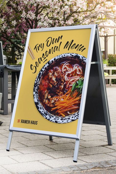 Sandwich boards for outdoor restaurant signs - silver snap frame A board with seasonal restaurant poster Wall Graphics Restaurant, Restaurant Signage Design, Restaurant Posters, Sandwich Board Signs, Sandwich Boards, Standing Signage, Starting A Restaurant, Restaurant Signage, Restaurant Advertising