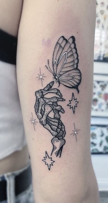 Skull Butterfly Tattoo, Butterfly Hand Tattoo, Cool Wrist Tattoos, Skeleton Hand Tattoos, Bone Tattoos, Wicked Tattoos, Skeleton Tattoos, Skeleton Hand Tattoo, Forearm Tattoo Women