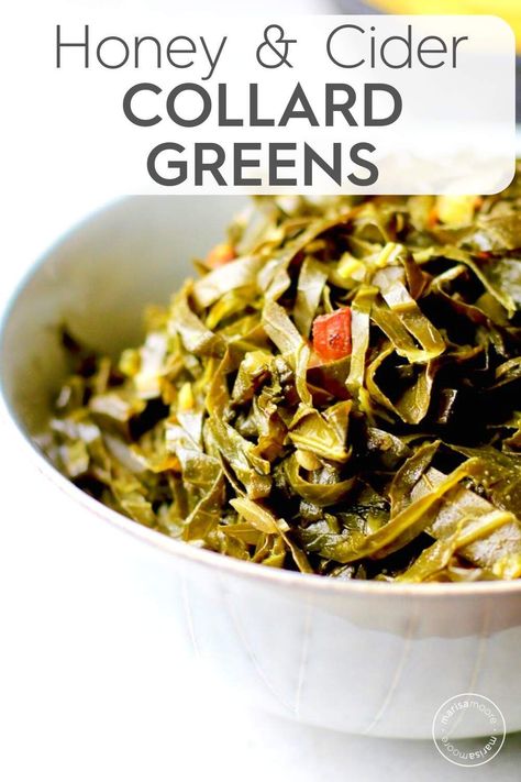 These southern style collard greens with bacon are a little sweet and a lot savory. Made with apple cider vinegar, honey, and garlic, these collards are perfect for New Year’s Day and all year!  Serve with cornbread for easy eating! #sidedish #Thanksgiving Easy Collard Greens Recipe, Vegetarian Collard Greens, Greens With Bacon, Vegan Collard Greens, Collard Greens With Bacon, Leafy Greens Recipes, Southern Style Collard Greens, Hoppin John Recipe, New Years Day Meal