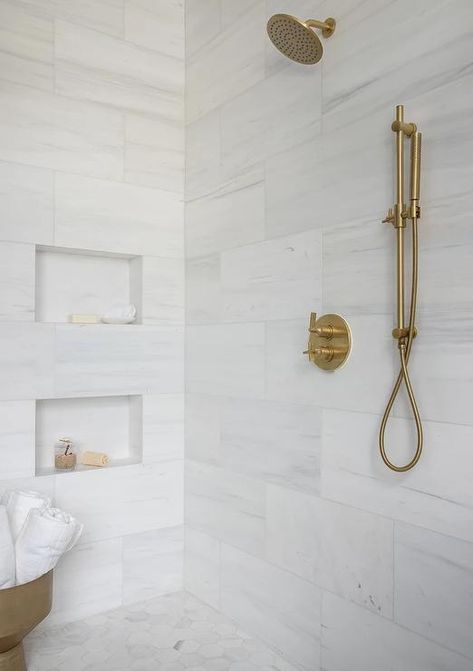 Hexagon Shower Floor, Niche Shelf, White Marble Shower, Marble Shower Walls, Marble Shower Tile, White Tile Shower, Shower Wall Tile, White Marble Tiles, Marble Showers