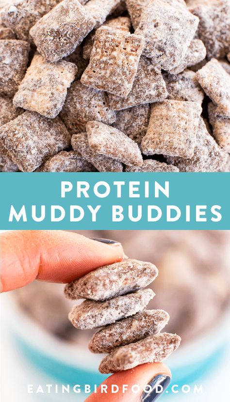 A lightened up version of muddy buddies with an added protein boost! Gluten-free and dairy-free. #protein #muddybuddies #eatingbirdfood Skinnymom.com Recipes, Filling Party Snacks, Weird Dinner Recipes, Protein Fueled Low Carb, Vanilla Protein Snacks, Vsg Snacks On The Go, Protein Snacks For School, Crunchy Protein Snacks, Ghost Protein Powder Recipes Chips Ahoy