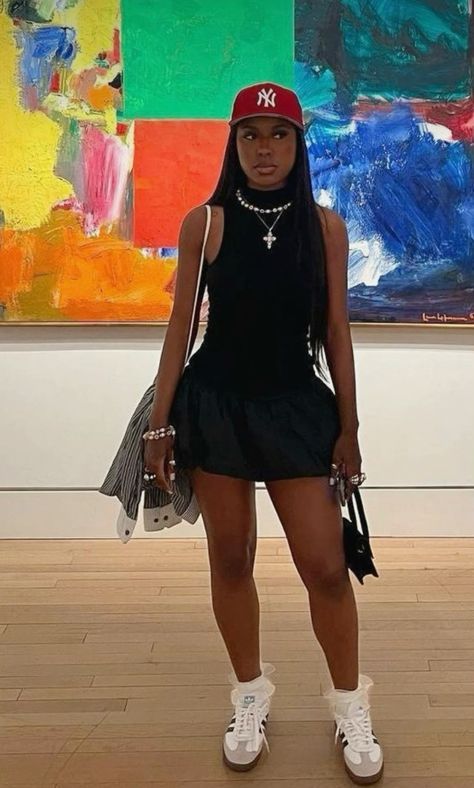 Skirt With Hat Outfit, Black Women Streetwear Summer, Black Tennis Skirt Outfit Black Women, Casual Outfits With Sneakers Black Women, Birthday Girl Outfit Black Women, Black Fits Black Women, Mini Golf Date Outfit Casual, London Outfit Ideas Summer 2024, Ootd Black Girls Outfit