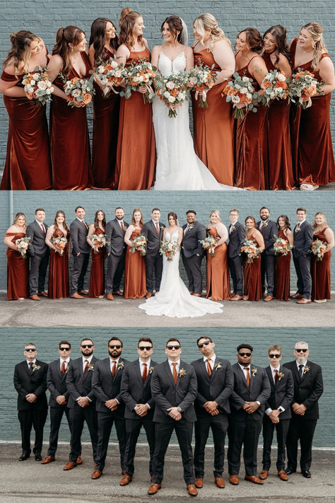 Fall Wedding Color Bridal Party, Bridesmaid Dresses Rusty Orange, Fall Bridesmaids And Groomsmen, Burgundy And Rust Wedding Party, Dream Fall Wedding, Terracotta Maroon Wedding, October Wedding Ideas Outdoor Bridesmaid Dresses, Dark Rust Bridesmaid Dresses, Wedding Party Color Scheme Fall