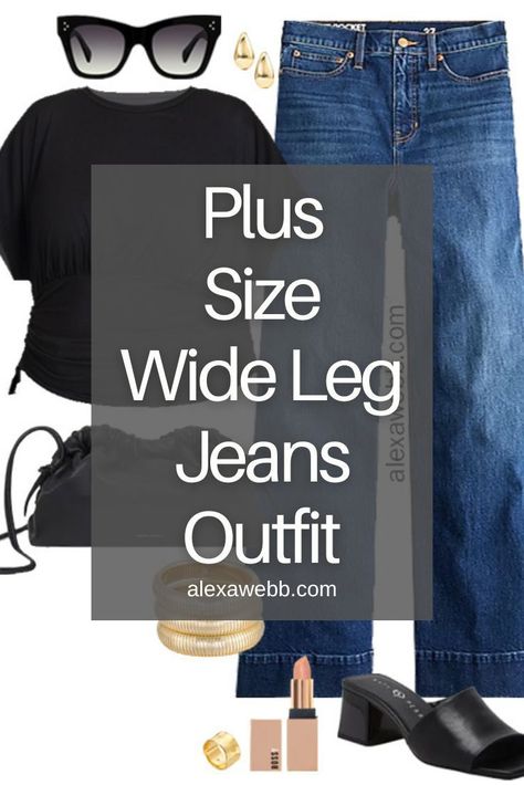 How to Wear Plus Size Wide Leg Jeans - A plus size casual outfit idea with wide leg jeans and a cropped top. Wide Leg Jeans Outfit For Plus Size, Wide Leg Pants Outfit Plus Size Casual, Wide Leg Jeans For Curvy Women, Wide Leg Jeans Pants Outfit, How To Wear Wide Leg Cropped Jeans, Plus Size Mom Jeans Outfit, Plus Size Boyfriend Jeans Outfit, Plus Size Wide Leg Jeans Outfit, Wide Leg Jeans Outfit Plus Size