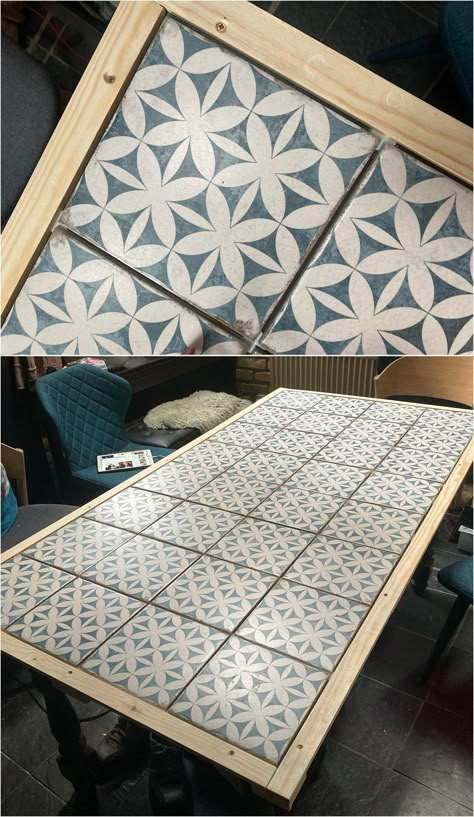 How to tile a dining table DIY using geo blue white tiles Tiled Outdoor Table, Tile Patio Table, Mosaic Patio Table, Tiled Table, Diy Garden Table, Dining Table Diy, Tile Top Tables, Mosaic Tile Table, How To Tile