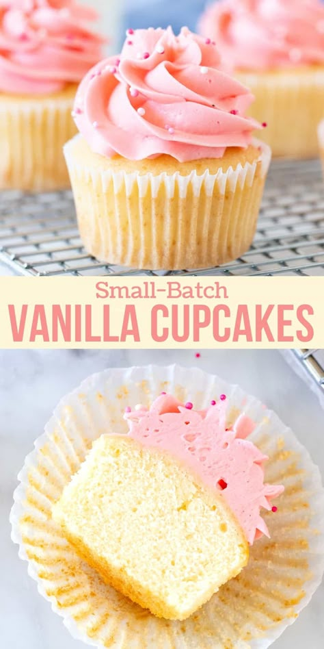 This small-batch vanilla cupcake recipe makes 6 perfect cupcakes. They're moist, tender and won't leave any leftovers. #cupcakes #vanilla #smallbatch #recipe #dessert #cake #frosting from Just So Tasty Small Batch Vanilla Cake, Small Batch Cake Recipe, Small Batch Vanilla Cupcakes, Easy Sheet Cakes, Vanilla Frosting For Cupcakes, Small Batch Cupcakes, Funfetti Recipes, Easy Vanilla Frosting, Creamy Vanilla Frosting