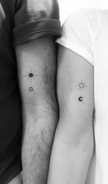 Inverse Matching Tattoos, Tattoo Ideas To Get With Your Boyfriend, Couple Tattoo Unique Meaningful, Small Relationship Tattoos Simple, Matching Space Tattoos Couples, Couple Tattoos Ribs Matching, Cupels Tattoo Ideas, Couple Tattoos 2023, Astrology Couple Tattoo