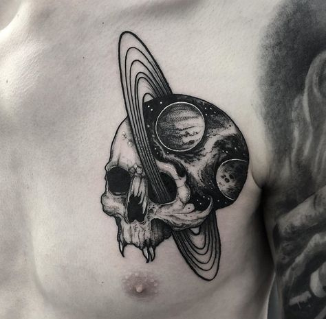 Skull Universe Tattoo, Space Blackwork Tattoo, Skull Space Tattoo, Moon And Space Tattoo, Tattoos About The Universe, Space Themed Patchwork Tattoos, Skull Star Tattoo, Dark Space Tattoo, Trippy Skull Tattoo