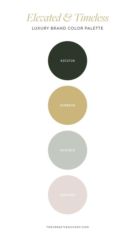 A delicate, refined color palette for a luxury brand that wants to go for a timeless, peaceful look. Looking for a fresh brand design for your business? Discover The Creative Accent, a design studio specializing in approachable, luxury brand design. Gold Brand Color Palette, Luxurious Color Palette Branding, Luxury Brand Color Pallete, Luxury Website Color Palette, Luxury Color Palette Branding Green, Sophisticated Brand Color Palette, Meditation Color Palette, Luxury Brand Colors Inspiration, Elegant Brand Color Palette