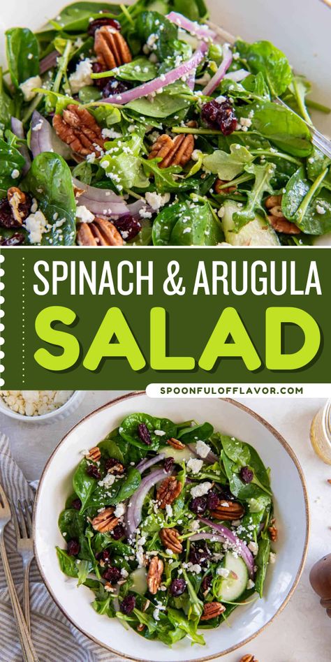 Spinach and arugula salad recipe is the best summer salad recipe! It is made with flavorful vegetables, topped with nuts and crumbled cheese. This side dish idea can go well with almost any main dish. Pin this spinach and arugula salad recipe now! Spinach And Arugula Salad, Honey Mustard Salad, Mustard Salad, Honey Mustard Salad Dressing, Mustard Salad Dressing, Parmesan Salad, Arugula Recipes, Arugula Salad Recipes, Salad Inspiration