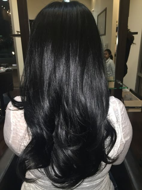 Jet Black Blowout, Jet Black Hair Blowout, Jet Black Hair Asian, Jet Black Hair Medium Length, Black Blowout Hair, Blowout Black Hair, Black Hair Blowout, Black Asian Hair, Long Asian Hair