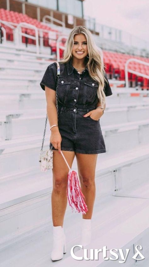 Black Denim Romper Outfit, Romper With Boots, Denim Romper Outfit, Black Denim Romper, Outing Ideas, Utility Romper, Weather Wear, Romper Outfit, Denim Romper