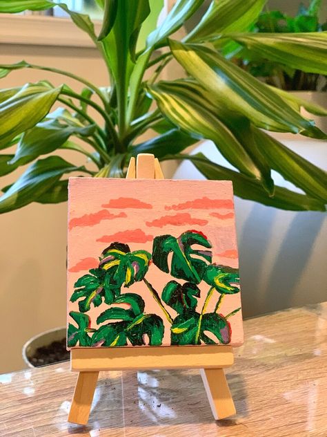 Small business owner & young artist. This painting is created from acrylic paint on a 3x3x1 in mini canvas with easel. Looking for small dorm room decor or cheap decor for the holiday seasons? Check out my etsy and indluge in the cuteness of these mini canvases! Mini Easel Painting Ideas, Mini Canvas Magnets, Mini Easel Painting, Small Dorm Room, Small Dorm, Mini Canvases, Canvas Display, Mini Easel, Easel Painting