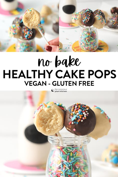 These healthy cake pops are easy no-bake cake pops made with a moist vanilla crumb made with  almond flour, dairy-free yogurt and no refined sugar. Plus, this recipe is fast and ready in 15 minutes, no need to bake a cake for this recipe! Protein Cake Pops, Healthy Cake Pops, Vegan Cake Pops, Gluten Free Cake Pops, Conscious Plant Kitchen, No Bake Cake Pops, Egg Free Cakes, Almond Flour Cakes, Dairy Free Cake