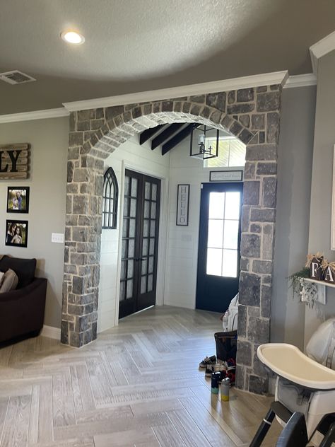 Indoor Stone Archway, Rustic Archways In Homes, Stone Archway Interior, Decorate Archway In Home, Square Archways In Homes, Kitchen Archway Ideas, Arch Design Living Room With Cement, Columns In Living Room, Archways In Homes