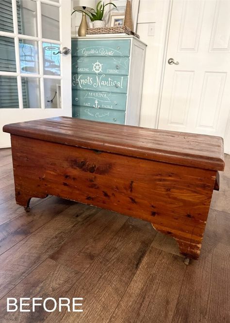 This old painted cedar chest needed a lot of love! It was beat up but now it's a stunner with new paint and pretty transfers! artsychicksrule.com Hope Chest In Living Room, Repurpose Hope Chest Ideas, Refurbished Blanket Chest, Redo Chest Trunk, Repurposed Hope Chest Ideas, Chest Coffee Table Trunk Diy, Refinishing Hope Chest Ideas, Cedar Chest Coffee Table Living Rooms, Bleached Cedar Chest