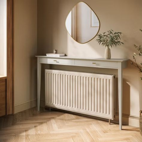 Dressing Table Over Radiator, Radiator Cover Console Table, Shelf Over Radiator Hallway, Bed In Front Of Radiator, Narrow Hallway Furniture, Hall Radiator Ideas, Over Radiator Console Table, Window With Radiator Underneath, Over Radiator Ideas