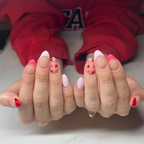 Easy Cute Valentine’s Day Nails, Valentines Acrylics Almond, Cute V Day Nails, Valentine Day Nails Simple, Blooming Gel Heart, Pink Red White Nails, Valentines Blooming Gel Nails, Valentine’s Day French Tip, Preppy Valentines Nails