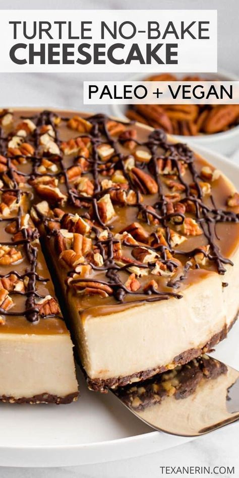 Vegan Turtle Cheesecake (paleo, no-bake) - Texanerin Baking Healthy Vegan Dessert, Turtle Cheesecake Recipes, Turtle Cheesecake, Vegan Cheesecake Recipe, Paleo Recipes Dessert, Paleo Baking, Vegan Cheesecake, Paleo Sweets, Low Carb Dessert