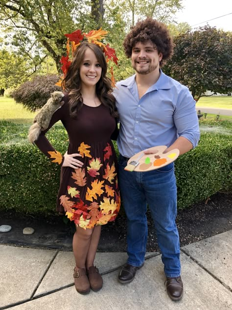 -Bob ross and happy little tree -Peapod the squirrel  -Couples costume  DIY Diy Bob Ross Couple Costume, Bob Ross Couples Halloween Costume, Bob Ross Halloween Costume Couple, Diy Bob Ross Costume, Bob Ross And Tree Costume, Bob Ross Painting Costume, Womens Tree Costume, Couples Halloween Costume Trunk Or Treat, Bob Ross Happy Tree Costume