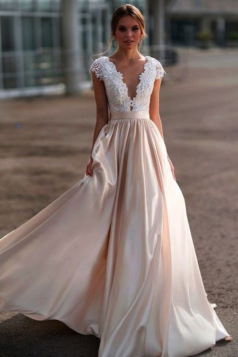 V-neckline Lace Cap Sleeves Wedding Dresses with Champagne Skirt sold by NarsBridal on Storenvy Champagne Skirt, Wedding Dress Cap Sleeves, Blush Wedding Dress, Wedding Dress With Lace, Aline Wedding Dress, Dresses Romantic, 파티 드레스, Wedding Dresses Satin, فستان سهرة