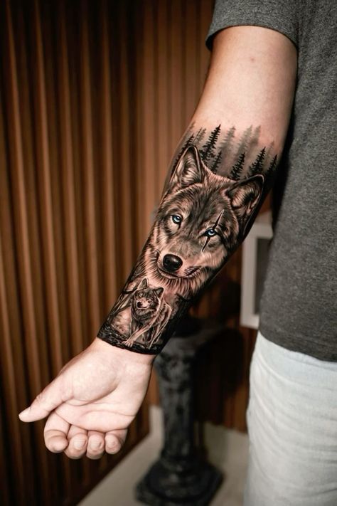 Forearm Wolf Tattoo Men, Wolf Tattoos Men Forearm, Men Wolf Tattoo, Tato Wolf, Wolf Sleeve Tattoo, Wolf Forearm Tattoo, Kurt Tattoo, Lone Wolf Tattoo, Buffalo Tattoo