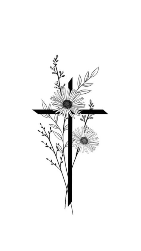 Cute Matching Western Tattoos, Cross Daisy Tattoo, Tattoo Ideas Cross Flowers, Sunflower Spine Tattoo Simple, Meaningful Western Tattoos For Women, Flower Western Tattoo, Cross With Daisy Tattoo, Country Arm Tattoos For Women, Texas Flowers Tattoo