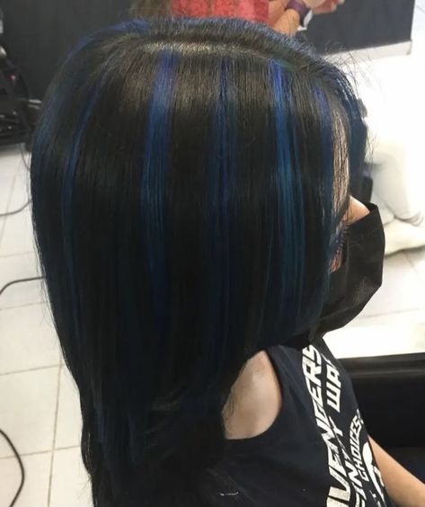 Blue Stripes In Hair, Fantasy Hair Color Highlights, Chuck Highlights Hair, Colored Hair Placement, Blue And Black Hair Highlights, Black Hair Blue Highlights Short, Blue Chunks In Hair, Black Hair Blue Stripes, Electric Blue Highlights In Black Hair