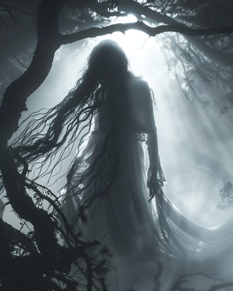 Be careful in the woods at night, there's a banshee on the prowl. 👻⁠ ⁠ ⁠ ⁠a ghostly woman in white, standing amidst foggy woods at night. She has long hair and is wearing an old dress with tattered layers that billow around her a she floats above the ground. Her face seems to be made of mist or shadows and her mouth is too large as she screams. The background features gnarled trees and dark foliage, adding depth. A faint light from behind illuminated part of her body. --ar 4:5 --s 550 --v 6.0... Creepy Environment Concept Art, Dark Fey Aesthetic, Long Hair From Behind, Dark White Aesthetic, Banshee Aesthetic, Ominous Forest, Dark Faerie Aesthetic, Melancholic Aesthetic, Ghostly Woman