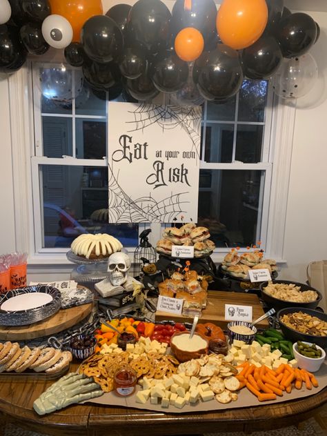 Home Halloween Party Food, Halloween Party Cute Decor, Halloween Bday Party Decorations, Halloween Food Signs For Party, Halloween Surprise Party, Halloween Fall Birthday Party, Spooky Halloween Tablescape Party, Simple Halloween Birthday Party, 50th Birthday Party Halloween Themed