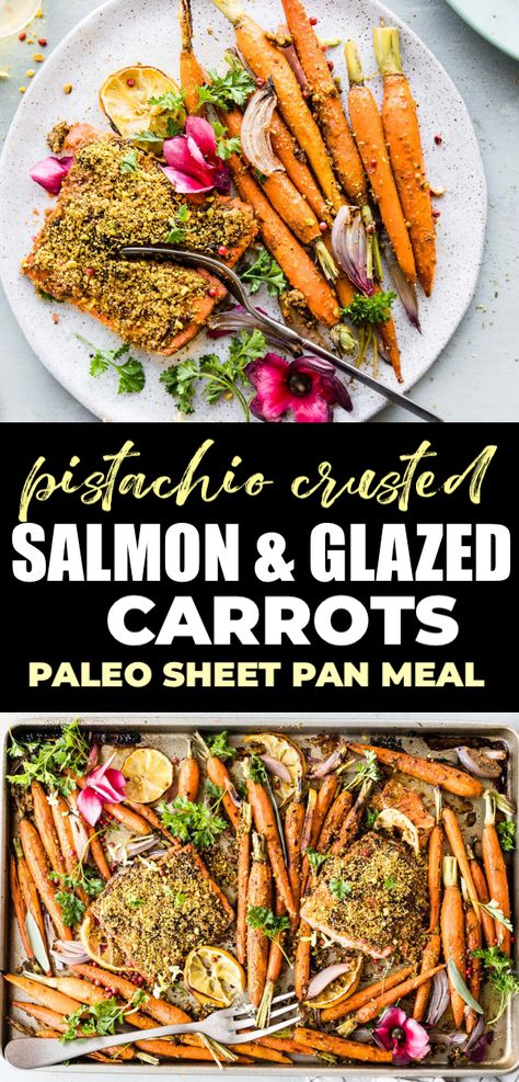 Pistachio Crusted Salmon with Glazed Carrots is a healthy baked salmon recipe that's super easy to make and packed with superfoods and healthy Omega fats. Switch up your holiday dinner with fish and serve this baked salmon sheet pan dinner! Gluten and grain free, dairy free, low carb and paleo friendly. Recipes For Dinner Salmon, Dinner With Fish, Salmon Sheet Pan Dinner, Pistachio Crusted Salmon, Dinner Salmon, Paleo Seafood Recipes, Baked Salmon Recipe, Dairy Free Low Carb, Crusted Salmon