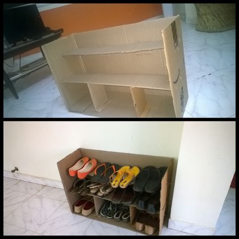 Shoe rack crafted out of an old shipping box ! Diy Cardboard Shoe Rack, Cardboard Shoe Rack, Cardboard Box Storage, Cardboard Ideas, Recycle Cardboard Box, Cardboard Recycling, Diy Shoe Rack, Diy Shoe, Shoe Shelf