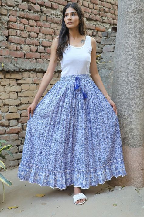 "ITEM DESCRIPTION summer wear block printed cotton long maxi skirts - broomstick style maxi skirts Material: 100% cotton cambric soft crinkled fabric Length: - 38 inch long Waist :-28.00 inch full (14 inch half) 28 inch relaxed can stretch up to 50 inch Size: free size (fit to all) PRODUCT NAME: - Long Women Maxi skirts Ladies Vintage Long skirts Company Return Policy: Please write for more information to my email directly CHOOSE \"ASK SELLER QUESTION \" payment policy:- we accepts payment throu Cotton Long Skirt Outfits, Printed Maxi Skirt Outfit, Simple Aesthetics, Long Cotton Skirt, Bohemian Maxi Skirt, Doctor Quotes, Crinkled Fabric, Printed Long Skirt, Tassel Skirt