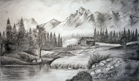 Landscape in pencil Scenery Drawing Pencil, Mountain Landscape Drawing, Beautiful Scenery Drawing, Pencil Sketches Landscape, Pencil Drawings Of Nature, Landscape Drawing Easy, Landscape Pencil Drawings, Drawing Scenery, Landscape Design Drawings