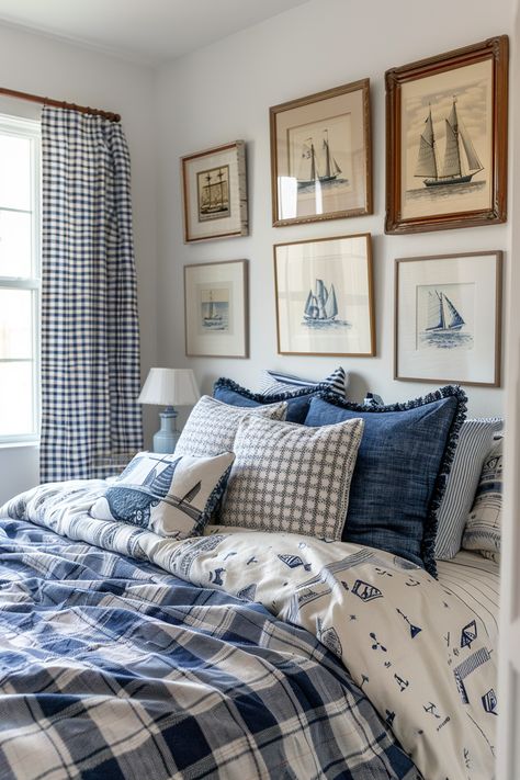 Nautical Aesthetic Bedroom, Americana Bedroom Aesthetic, Nantucket Bedroom Style, Coastal Americana Decor, Nantucket Style Bedroom, Blue Cottage Core Bedroom, All Blue Bedroom, Hamptons Style Decor Bedroom, East Coast Bedroom