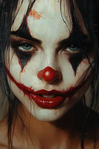 ↑↑↑ Larger size on website 🔸 A woman with dark hair is wearing clown makeup, including white face paint, red lipstick, a red nose Scary Clown Makeup Creepy Teeth, Clown Face Paint For Women, Halloween Painted Faces For Women, Womans Scary Clown Makeup, Scary Clown Face Makeup, Halloween Makeup White Face, Evil Jester Makeup, Halloween Smile Makeup, Circus Halloween Makeup