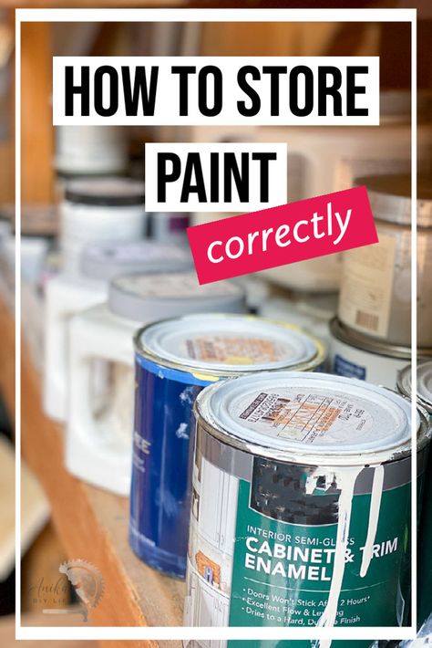 How to store paint the correct way. Learn all the tips and tricks on how to store paint the right way so it lasts a long time. Paint storage location, paint storage temperature. How to dispose of paint. #anikasdiylife Organizing Paint Cans, How To Organize Paint Cans, Storing Paint Supplies, Gallon Paint Can Storage Ideas, Garage Paint Storage, How To Store Paint Cans, How To Organize Paint Supplies, How To Store Paint Supplies, How To Store Paint