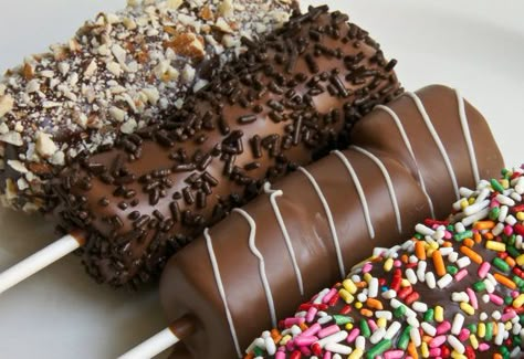 Marshmallows on a stick. Logan would love this!! Decorated Marshmallows, Covered Marshmallows, Chocolate Dipped Marshmallows, Marshmallow Dip, Chocolate Covered Marshmallows, Marshmallow Treats, Marshmallow Pops, Chocolate Marshmallows, Gourmet Chocolate