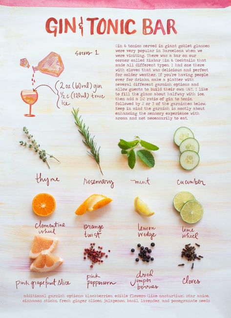 A Gin & Tonic Bar is Your Thanksgiving Cocktail Solution - Camille Styles Gin Tonic Recetas, Forest Feast, Thanksgiving Cocktail, Honey Roasted Carrots, Tonic Recipe, Gin Recipes, Gin Tasting, Thanksgiving Cocktails, Gin Drinks