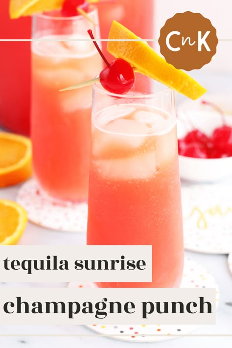 Tequila Sunrise Champagne Punch is a bubbly spin on the classic tropical cocktail that packs an extra special boozy kick. When it comes to summer gatherings, from Cinco de Mayo to a weekend patio brunch, you'll find yourself winning over a crowd with this oh-so easy and oh-so tasty drink. | cakenknife.com #tequilacocktail #tequilapunch #cincodemayo #brunchpunch Champagne Cocktails Easy, Drink Dispenser Recipes, Brunch Drinks Alcoholic, Champagne Mixed Drinks, Bachelorette Drinks, Tequila Punch, Champagne Punch Recipes, Adult Birthday Ideas, Brunch Punch